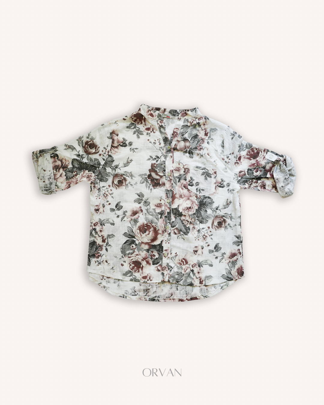 شومیز گل‌دار زنانه با پارچه لینن ایتالیایی | زمینه سفید و یقه گرد